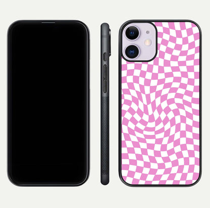 Bubblegum Check Wave iPhone 11 glass phone case front and side layout view displaying slim profile and full pattern coverage
