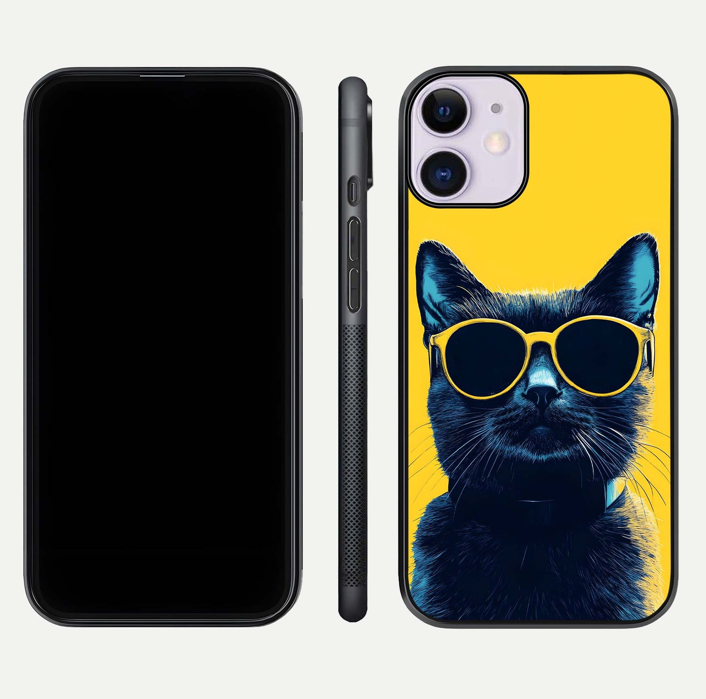 Cool Cat Vibes iPhone 11 glass phone case front and side layout view showing slim frame and full design coverage