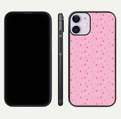 Cosmic Pink Sparkle iPhone 11 glass phone case front and side layout view displaying slim profile and full cosmic coverage