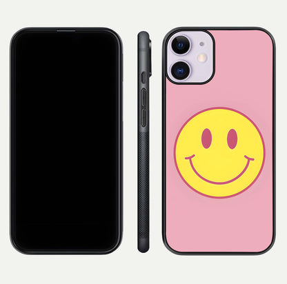 Happy Pink Mood iPhone 11 glass phone case front and side layout view showing slim build and full pink coverage