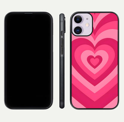 Layered Love Hearts iPhone 11 glass phone case front and side layout view displaying slim profile and full heart design