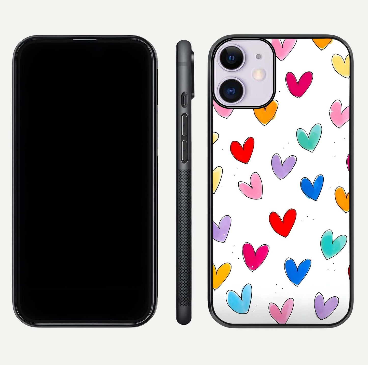 Playful Love Doodles iPhone 11 glass phone case front and side layout view showing slim build and full doodle coverage
