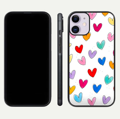 Playful Love Doodles iPhone 11 glass phone case front and side layout view showing slim build and full doodle coverage