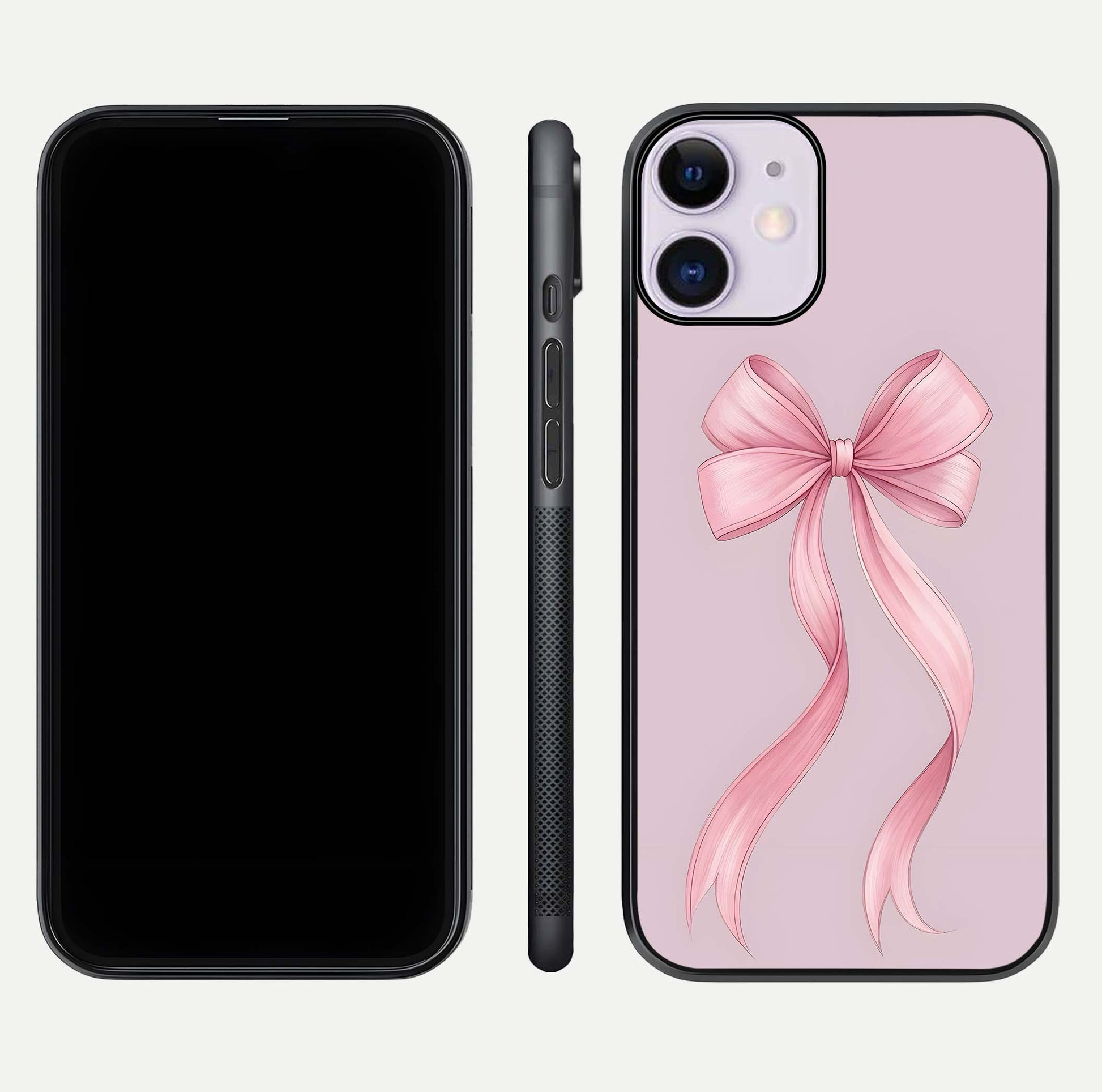 Soft Blush Bow iPhone 11 glass phone case front and side layout view displaying slim profile and gentle aesthetic