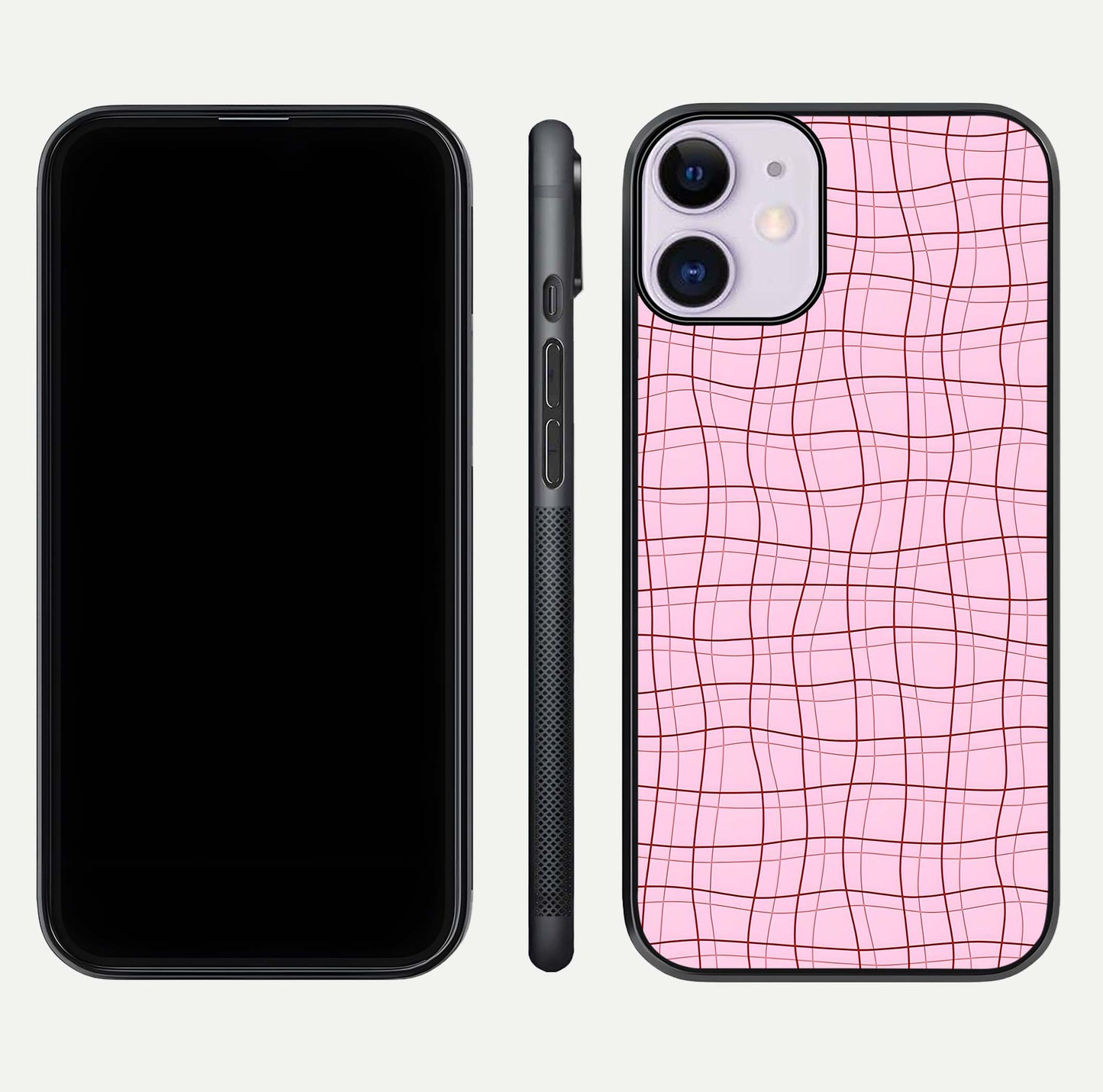 Soft Grid Bliss iPhone 11 glass phone case front and side layout view displaying slim profile and clean design