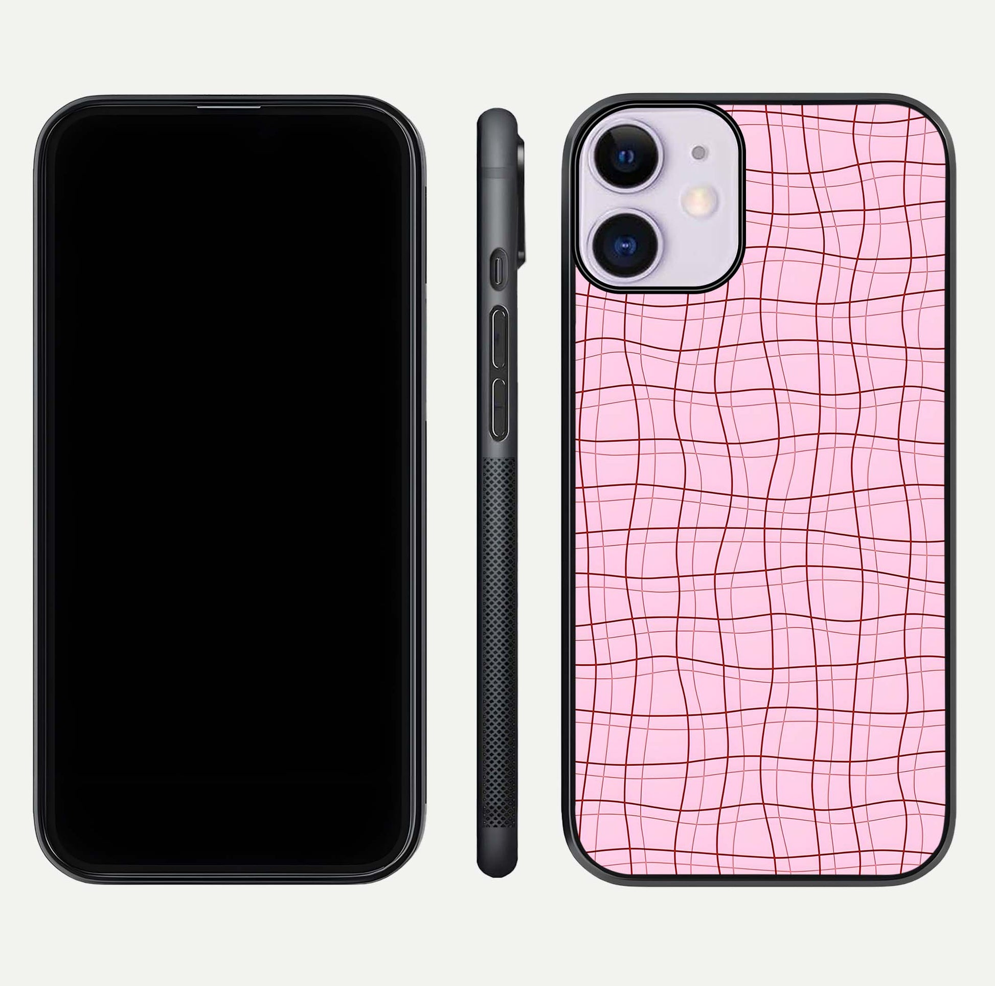 Soft Grid Bliss iPhone 11 glass phone case front and side layout view displaying slim profile and clean design