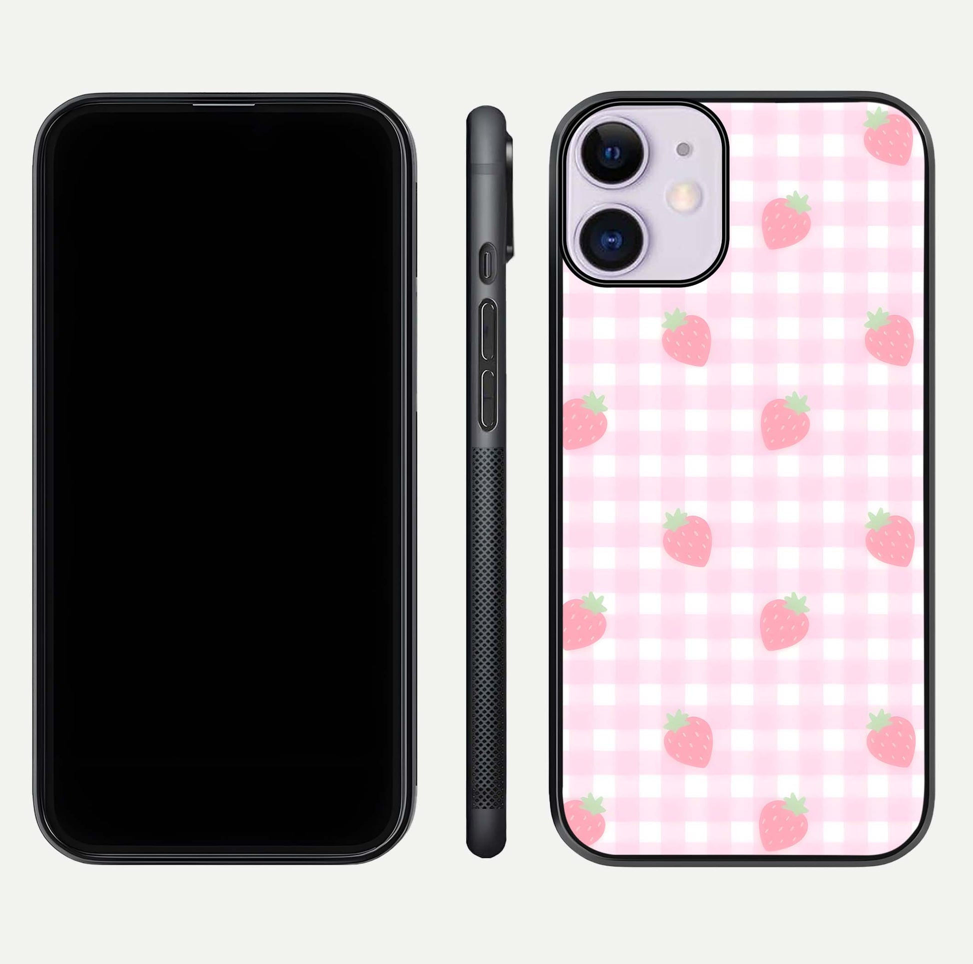 Strawberry Picnic Love iPhone 11 glass phone case front and side layout view showing slim profile and full picnic design