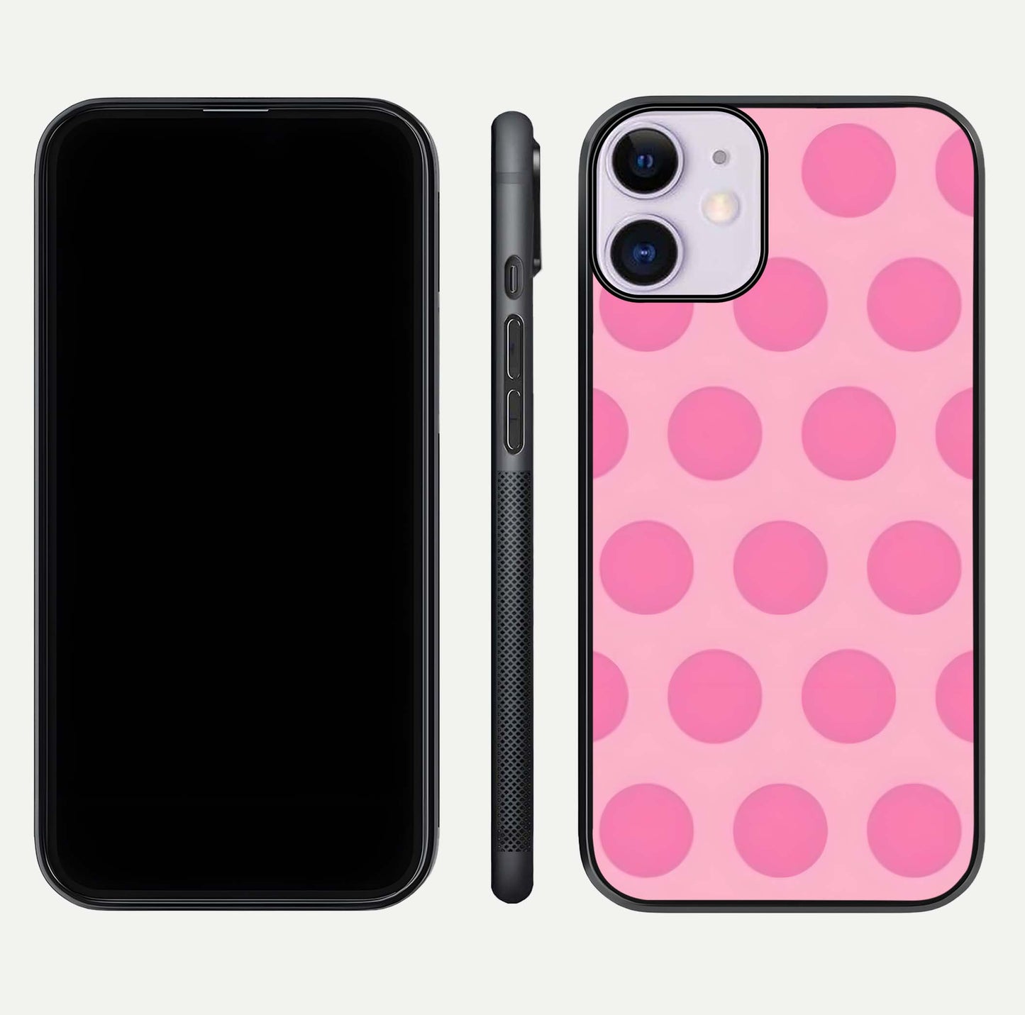 Sweet Dot Dreams iPhone 11 glass phone case front and side layout view displaying slim build and full dot design