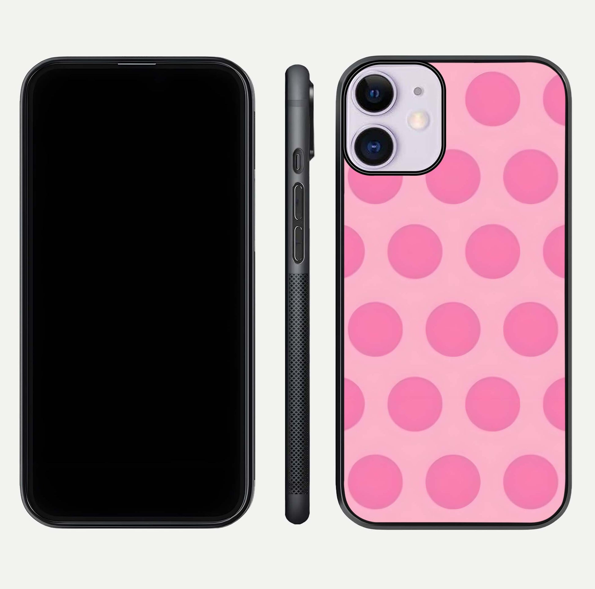 Sweet Dot Dreams iPhone 11 glass phone case front and side layout view displaying slim build and full dot design