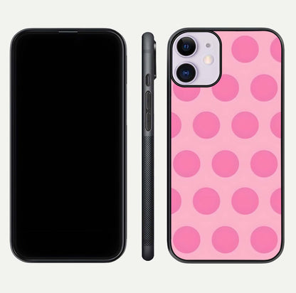 Sweet Dot Dreams iPhone 11 glass phone case front and side layout view displaying slim build and full dot design