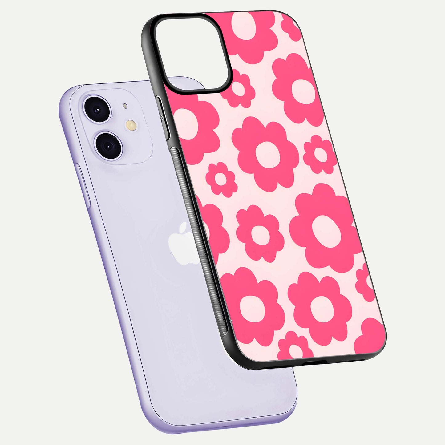 Blush Flower Pop iPhone 11 glass phone case floating view emphasizing premium build and vibrant flower artwork