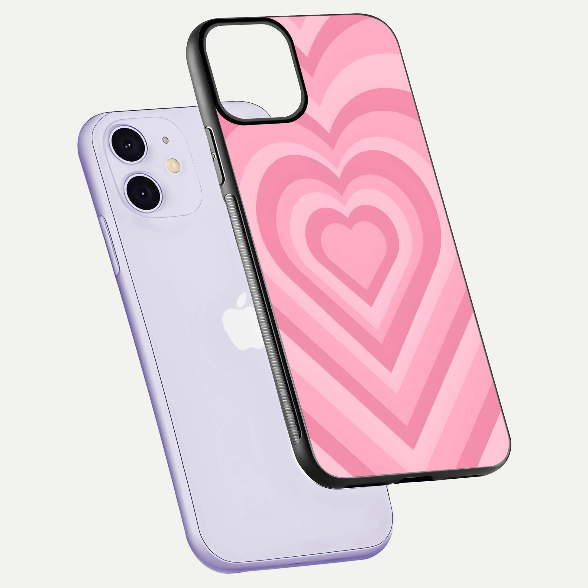 Blush Heart Waves iPhone 11 glass phone case floating view emphasizing glossy finish and layered heart design