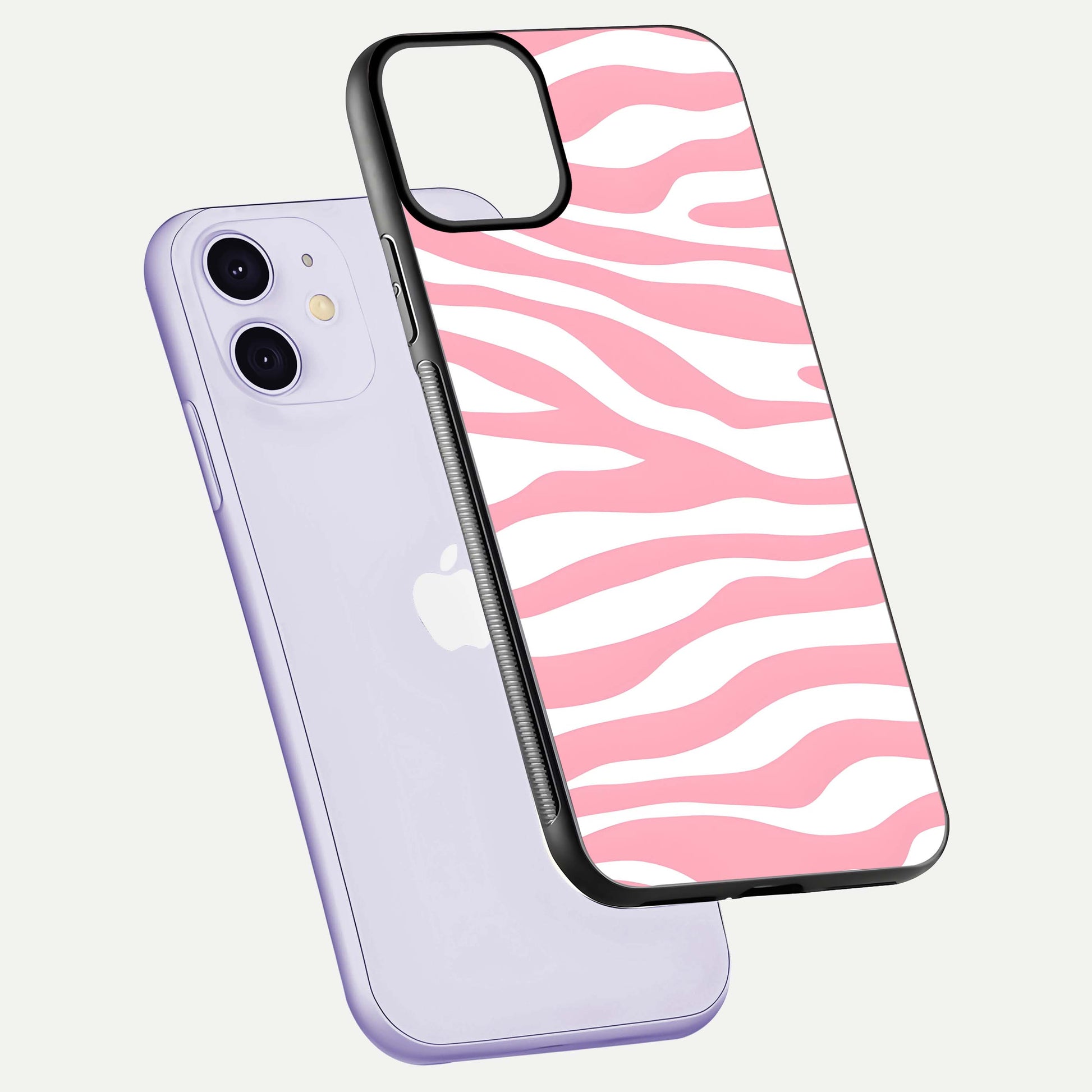 Blush Zebra Flow iPhone 11 glass phone case floating view emphasizing premium glossy surface and dynamic design