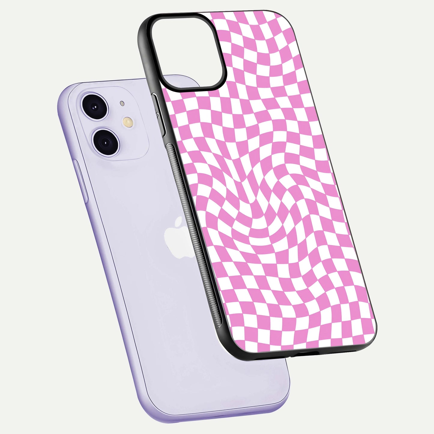 Bubblegum Check Wave iPhone 11 glass phone case floating view emphasizing premium glass finish and vibrant design
