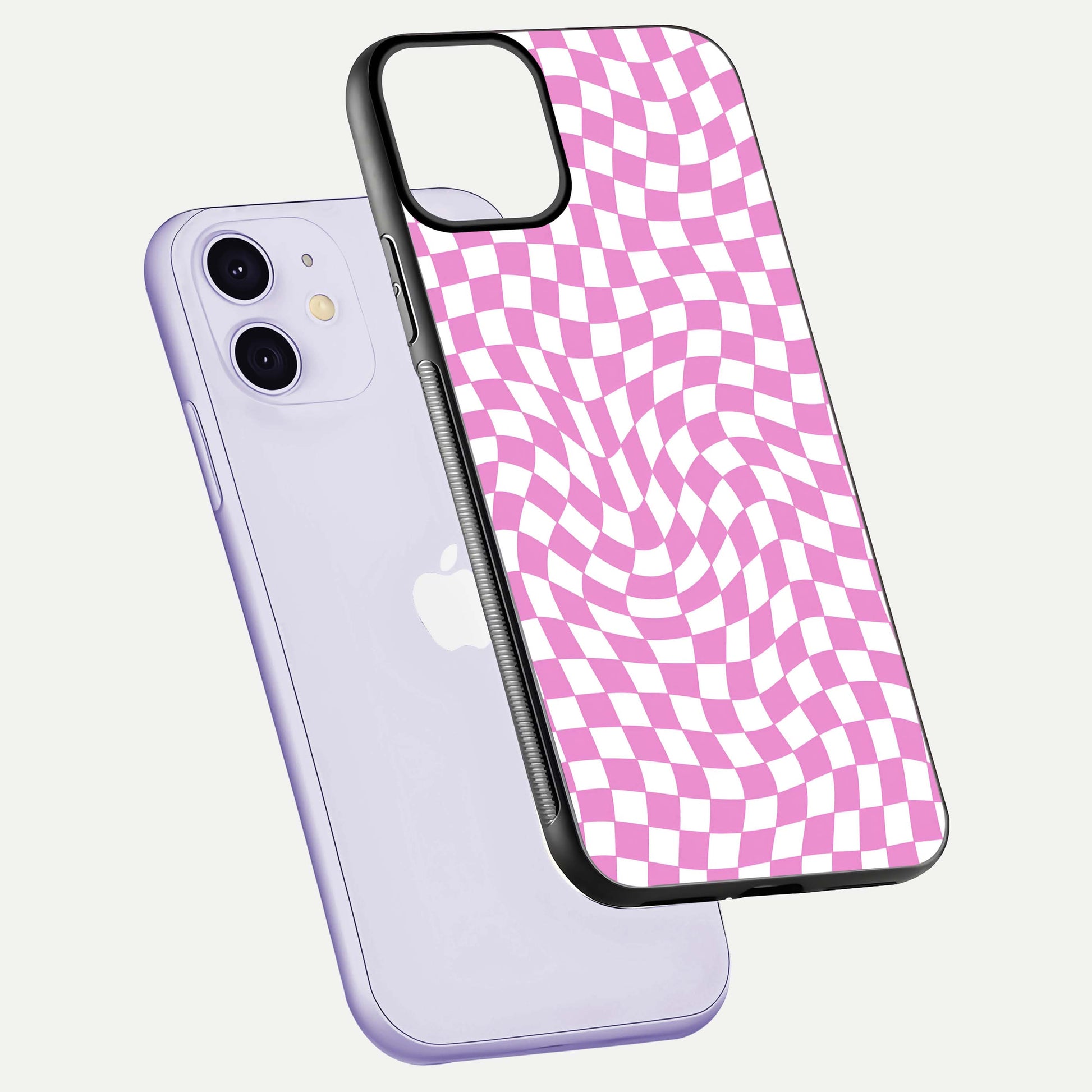 Bubblegum Check Wave iPhone 11 glass phone case floating view emphasizing premium glass finish and vibrant design