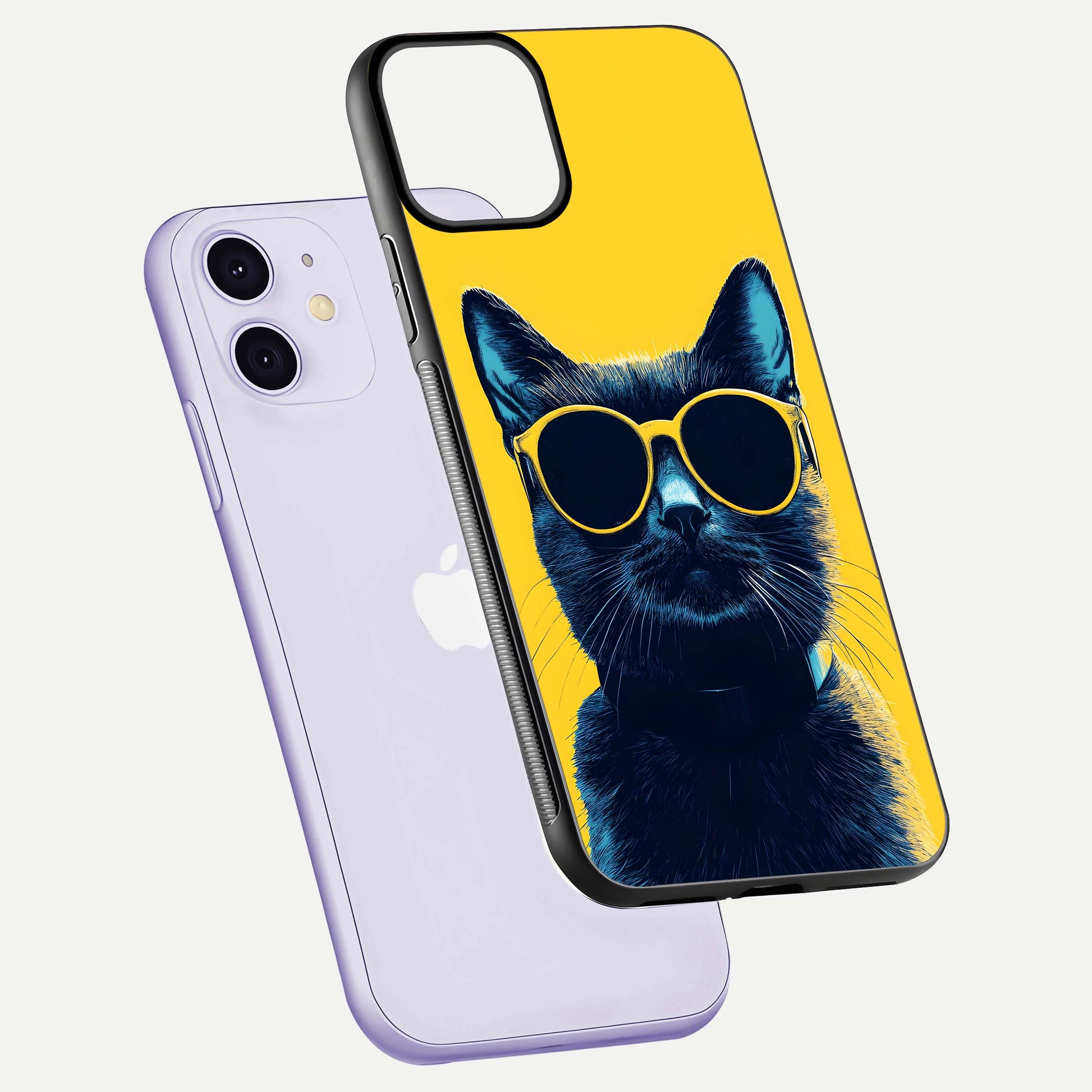 Cool Cat Vibes iPhone 11 glass phone case floating view emphasizing glossy finish and fun cat vibe