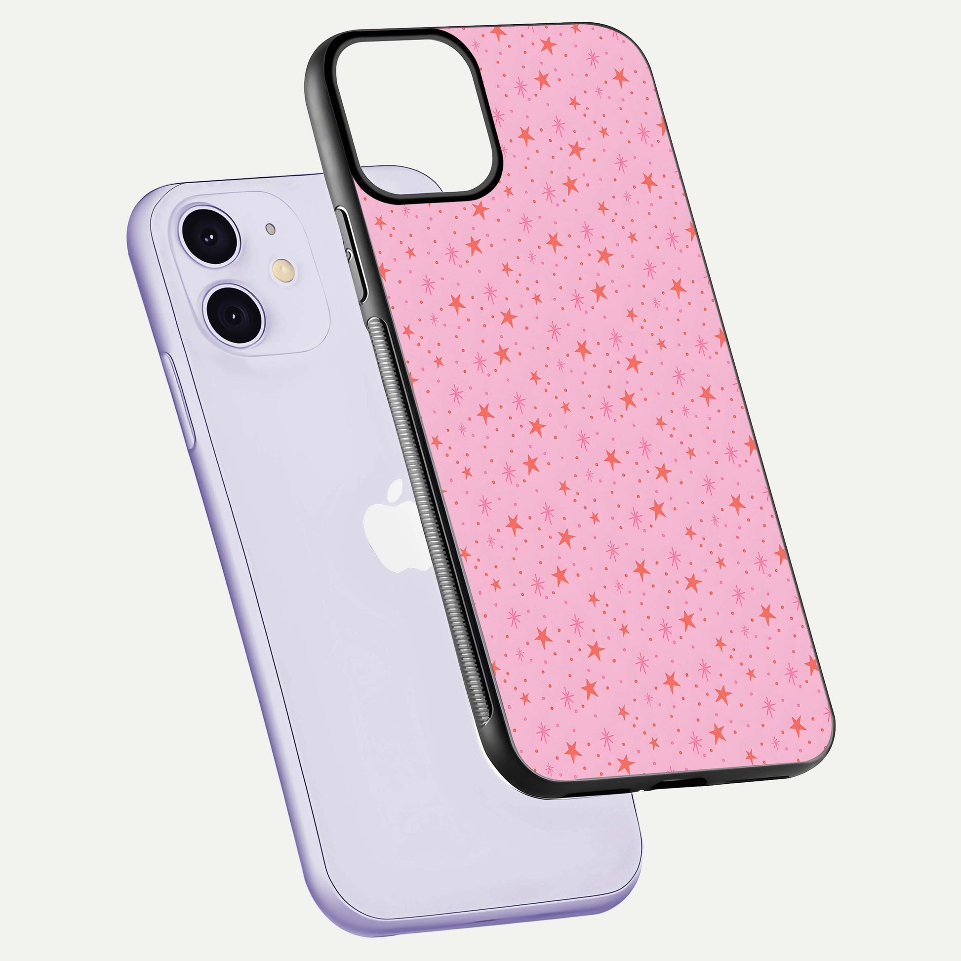 Cosmic Pink Sparkle iPhone 11 glass phone case floating view emphasizing premium glass surface and glittering details