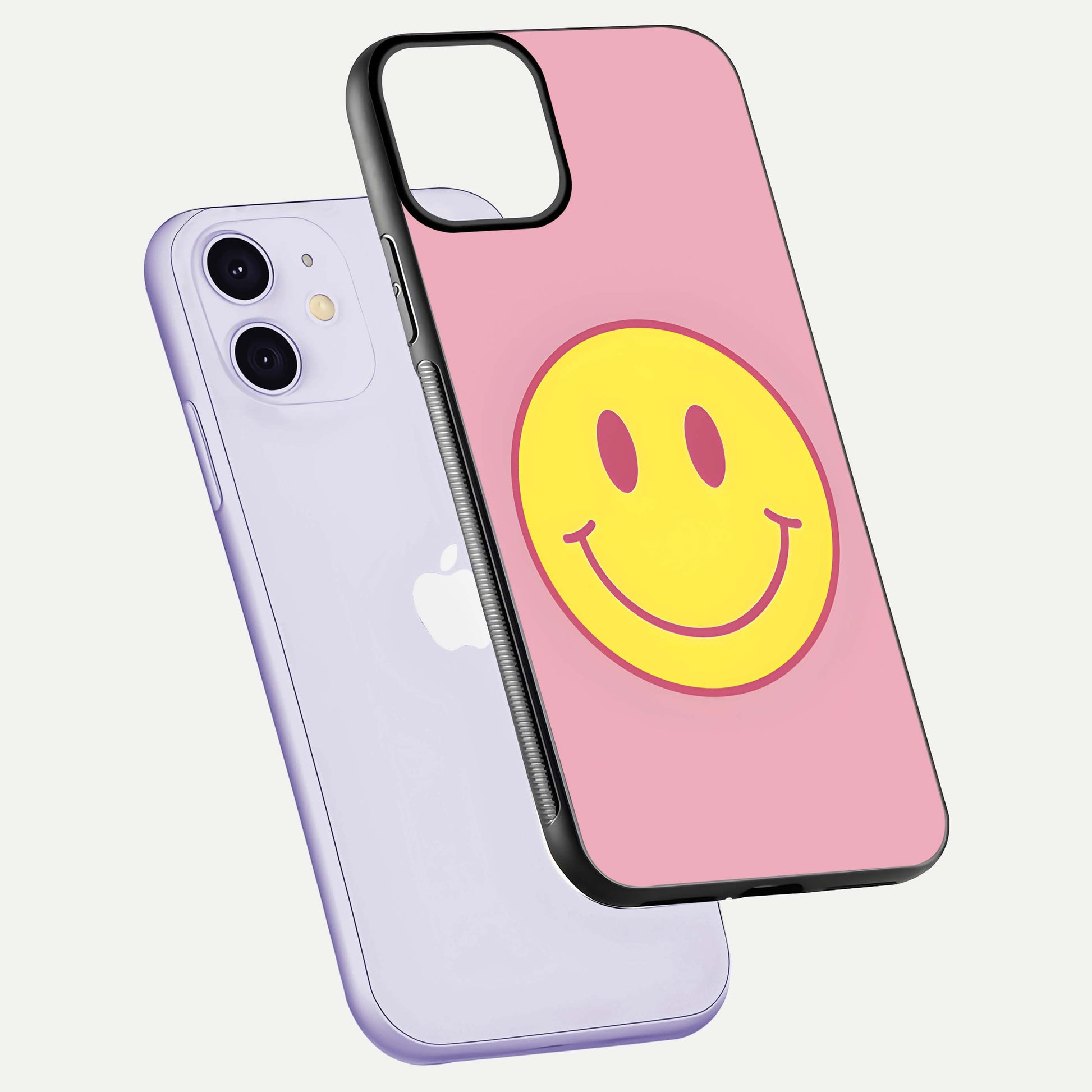Happy Pink Mood iPhone 11 glass phone case floating view emphasizing glossy finish and joyful color palette