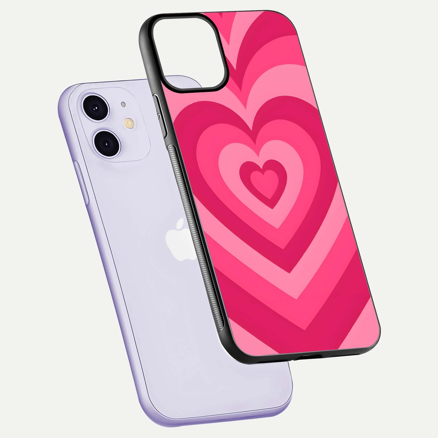 Layered Love Hearts iPhone 11 glass phone case floating view emphasizing glossy surface and layered heart details