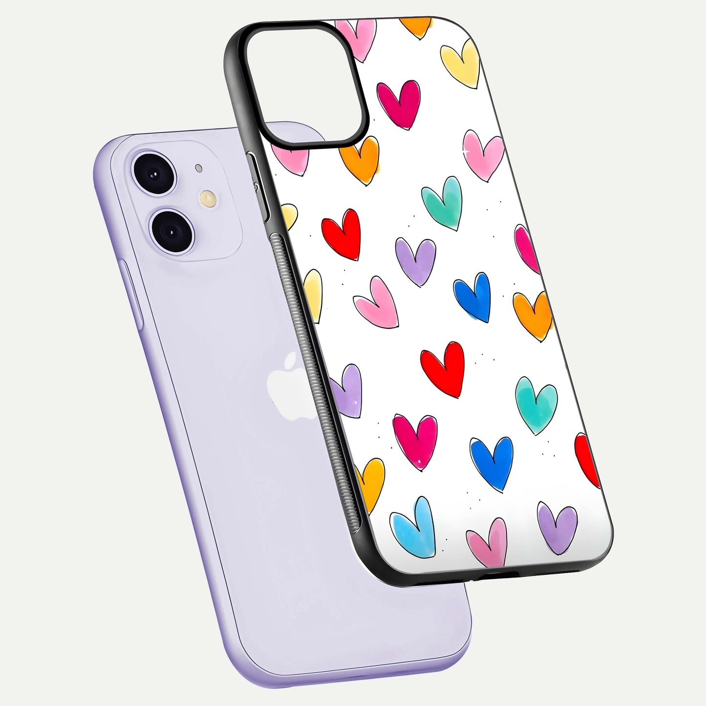 Playful Love Doodles iPhone 11 glass phone case floating view emphasizing glossy finish and playful design