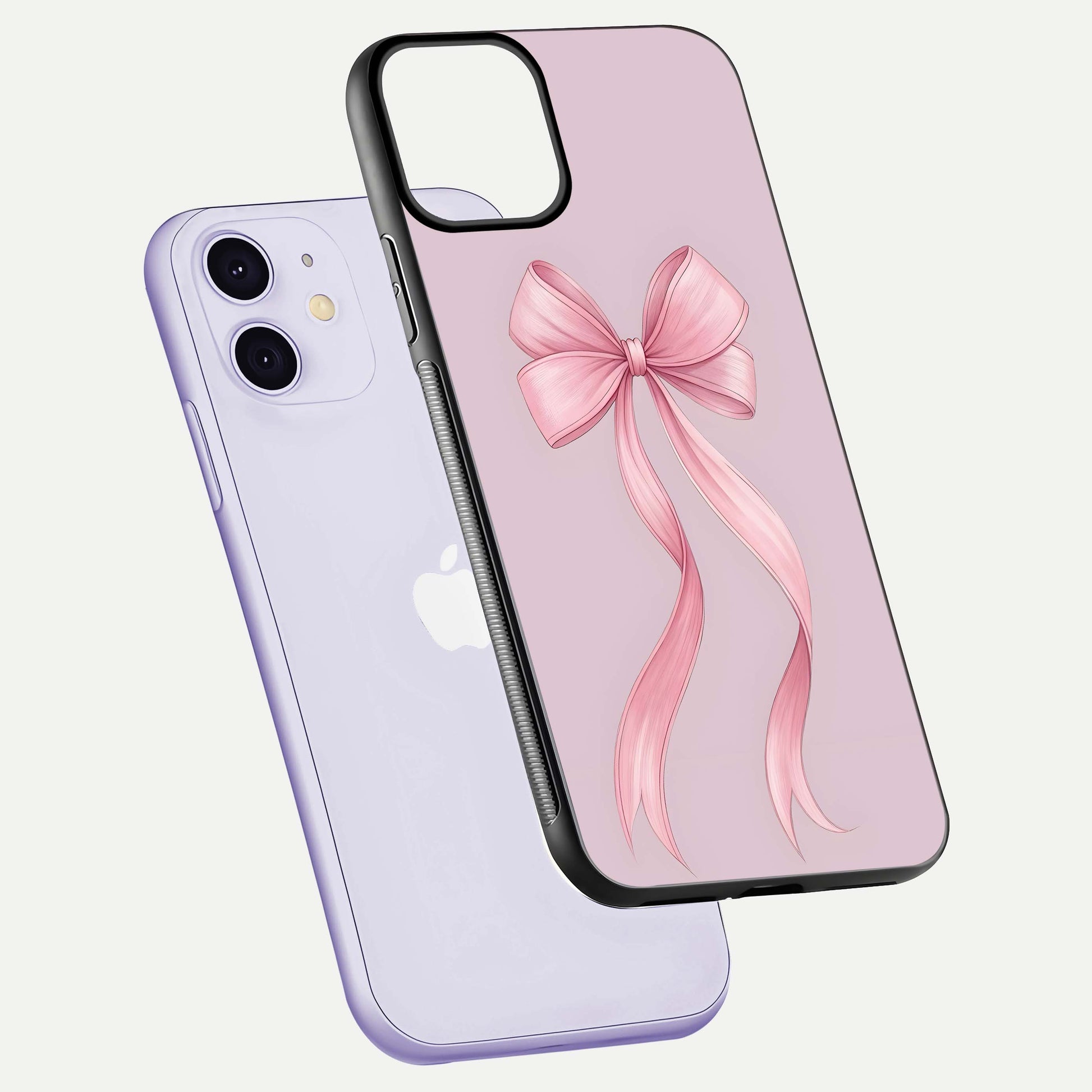 Soft Blush Bow iPhone 11 glass phone case floating view emphasizing glossy surface and soft feminine styling
