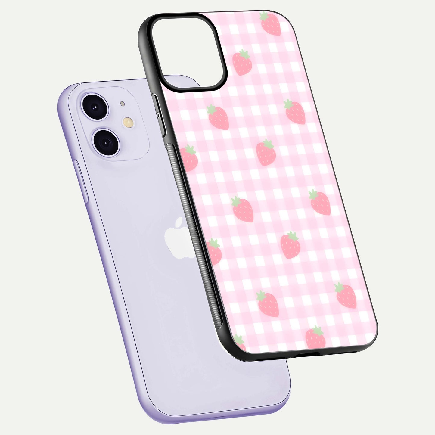 Strawberry Picnic Love iPhone 11 glass phone case floating view emphasizing glossy finish and playful charm