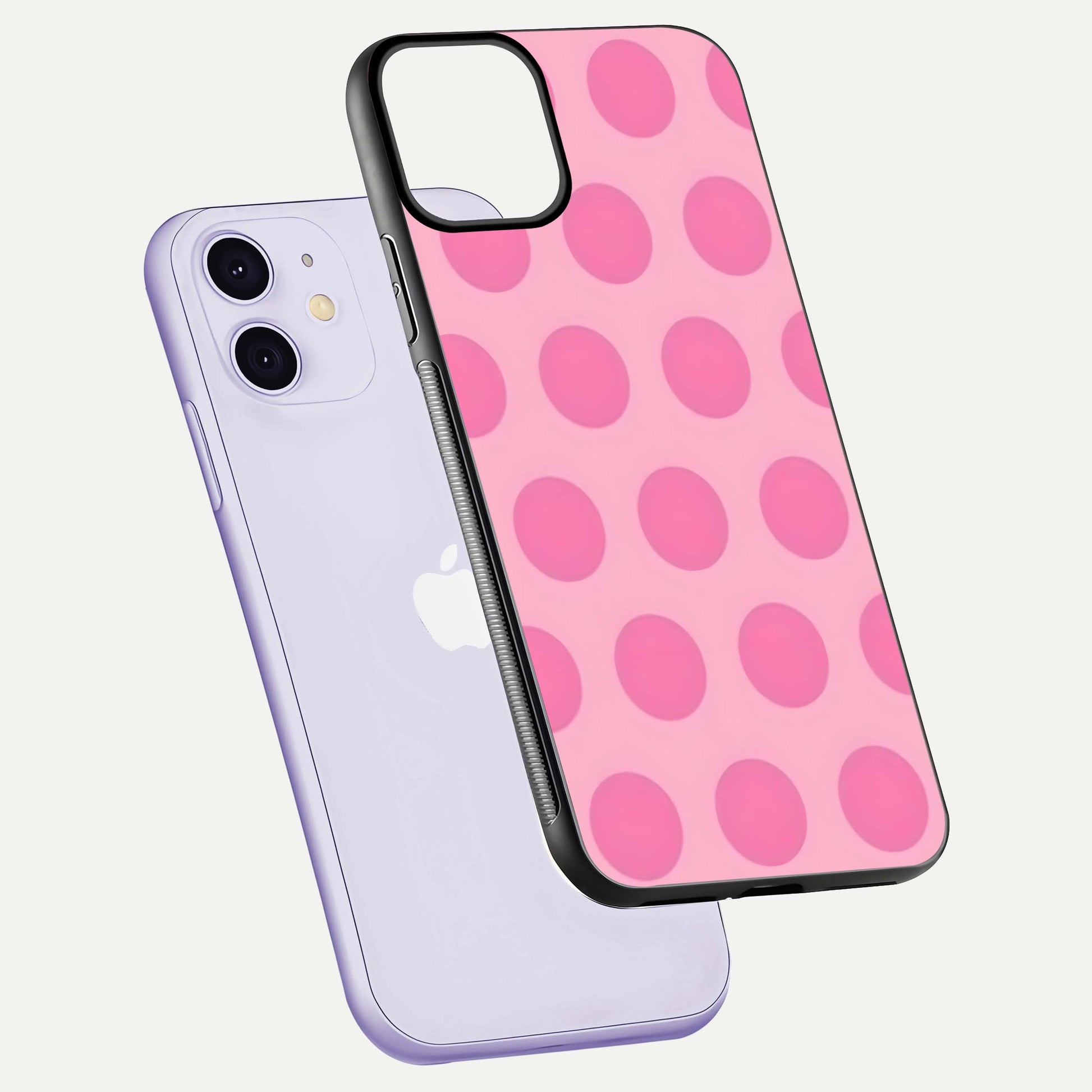 Sweet Dot Dreams iPhone 11 glass phone case floating view emphasizing glossy surface and soft playful styling