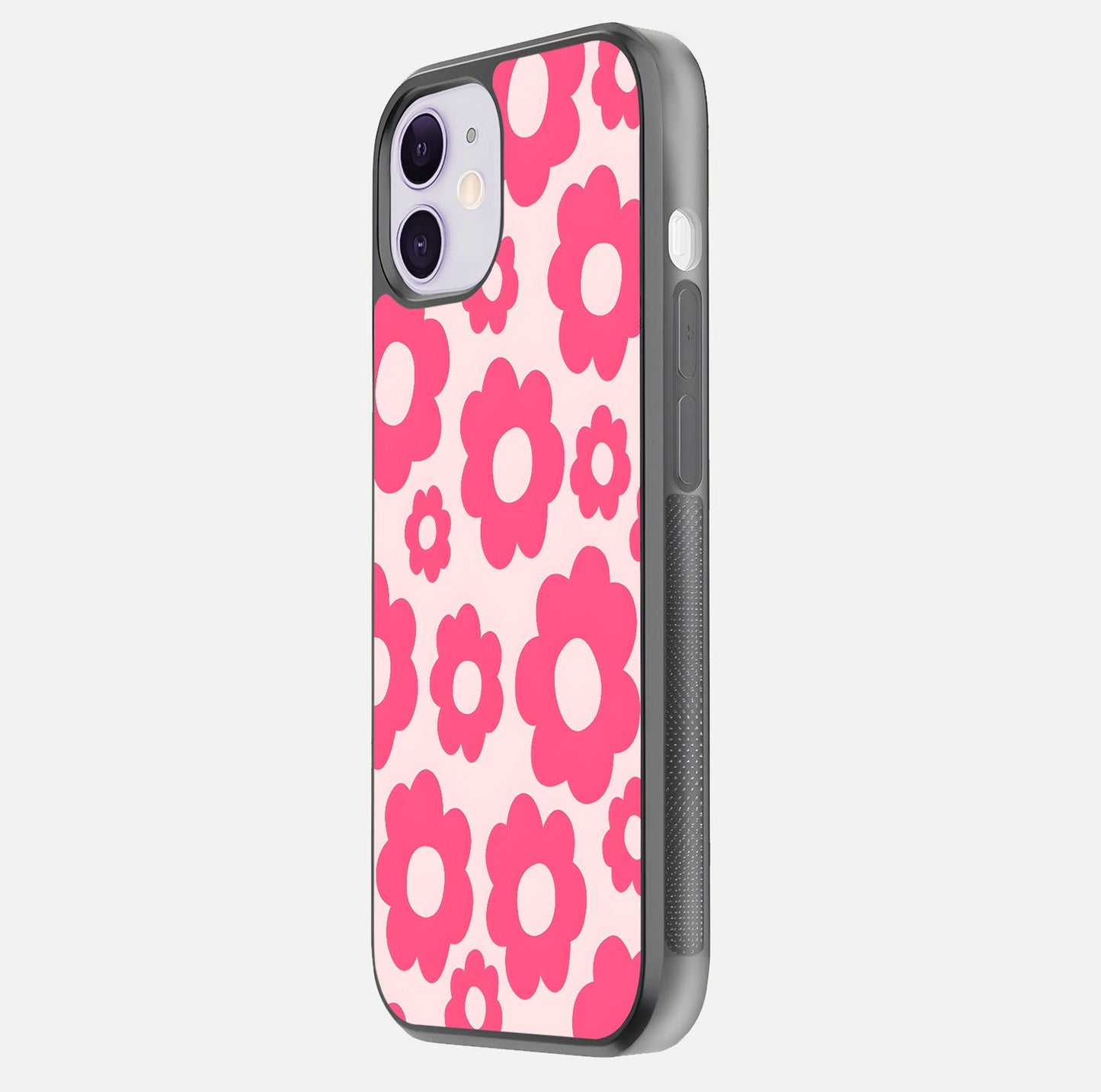 Blush Flower Pop iPhone 11 glass phone case side profile view focusing on clean edges and seamless floral wrap