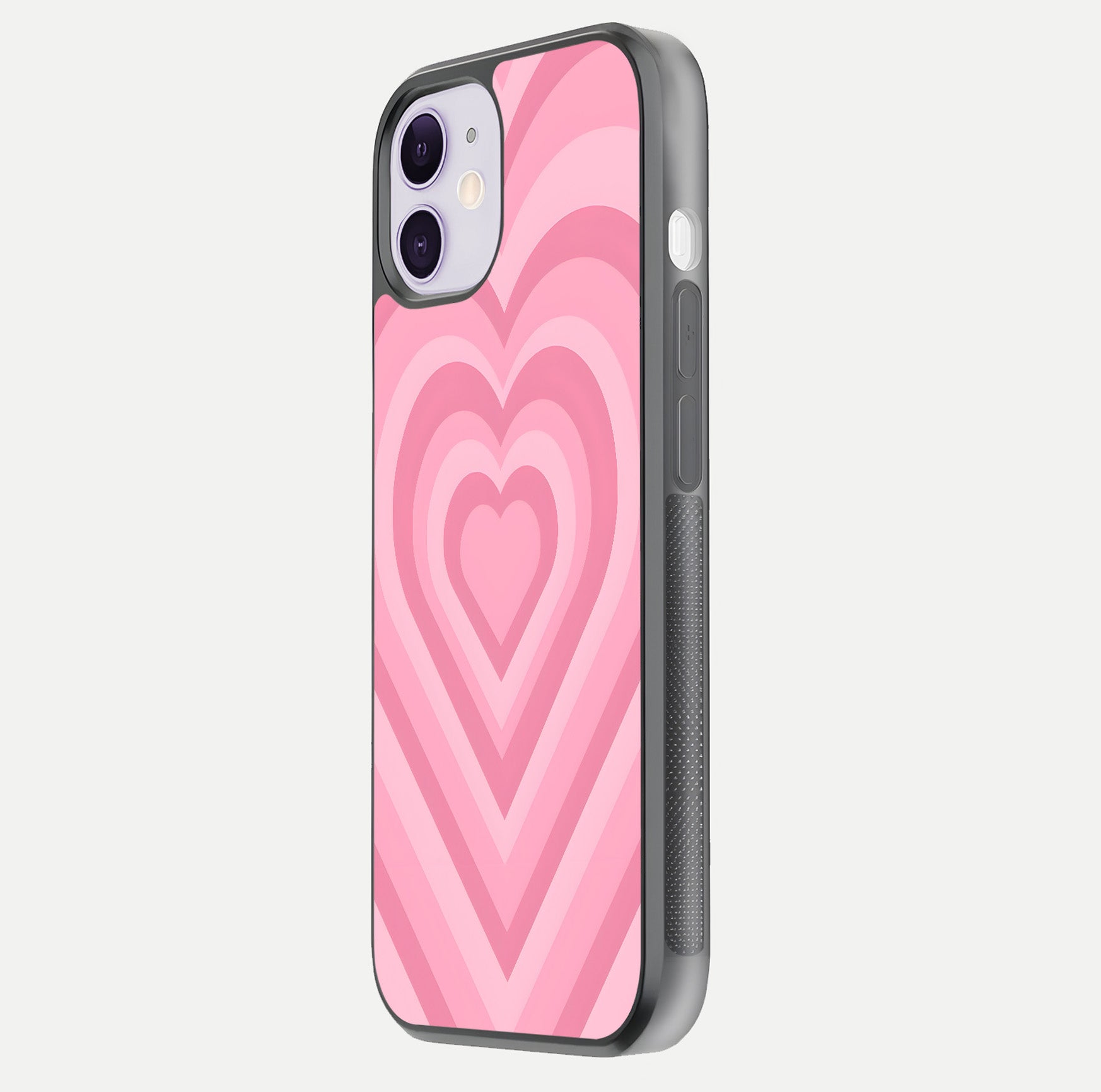 Blush Heart Waves iPhone 11 glass phone case side profile view focusing on smooth edges and elegant wrap