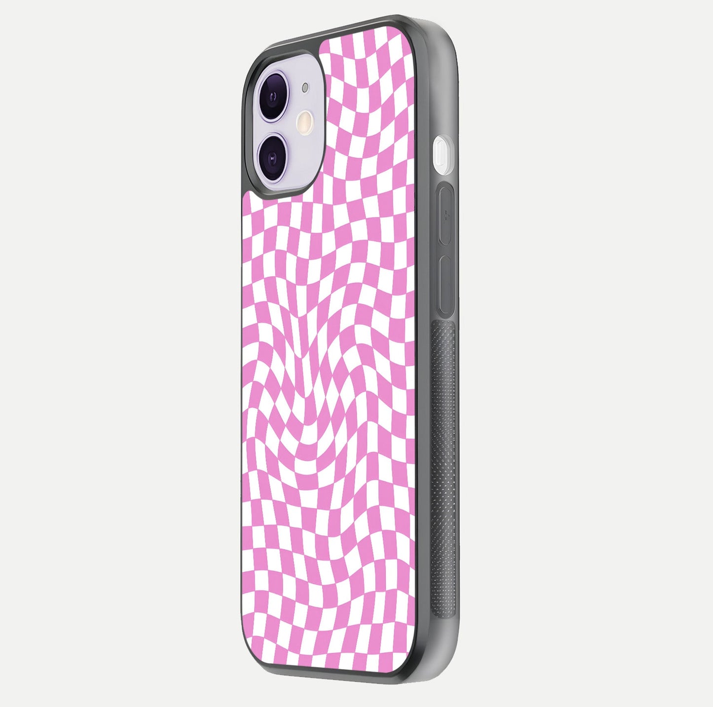 Bubblegum Check Wave iPhone 11 glass phone case side profile view focusing on smooth edges and seamless wrap