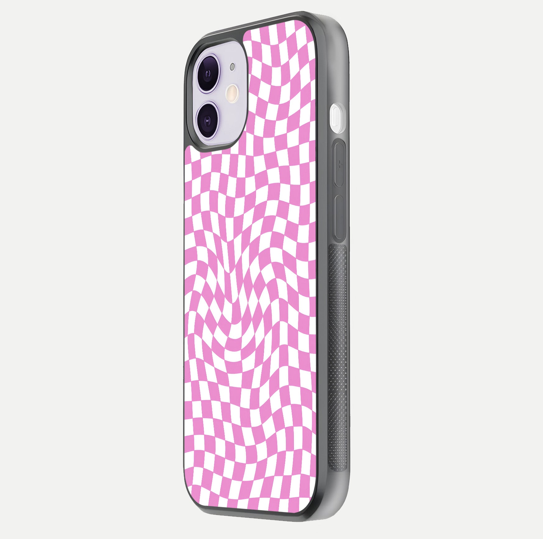 Bubblegum Check Wave iPhone 11 glass phone case side profile view focusing on smooth edges and seamless wrap