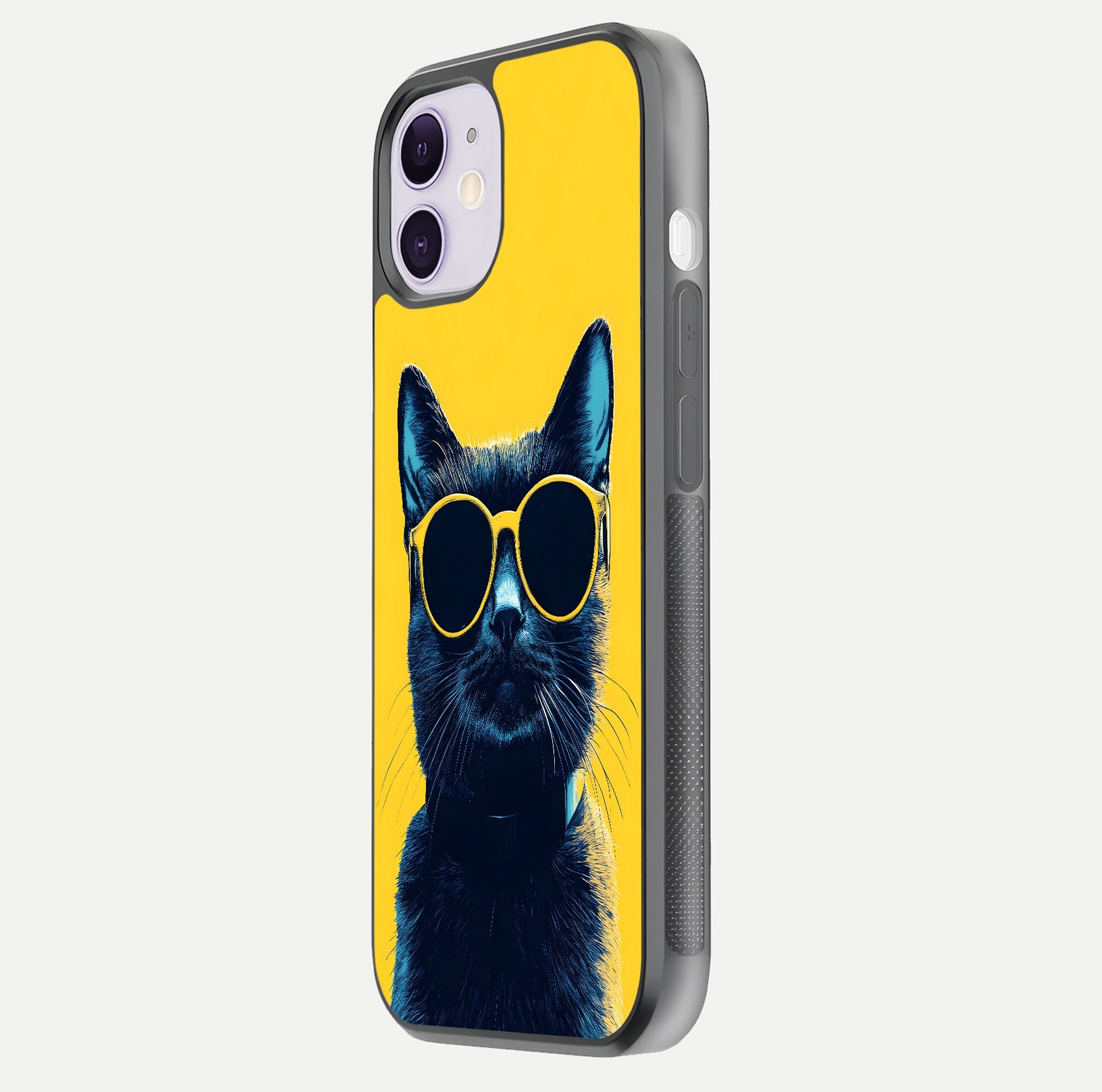 Cool Cat Vibes iPhone 11 glass phone case side profile view focusing on sleek edges and seamless wrap