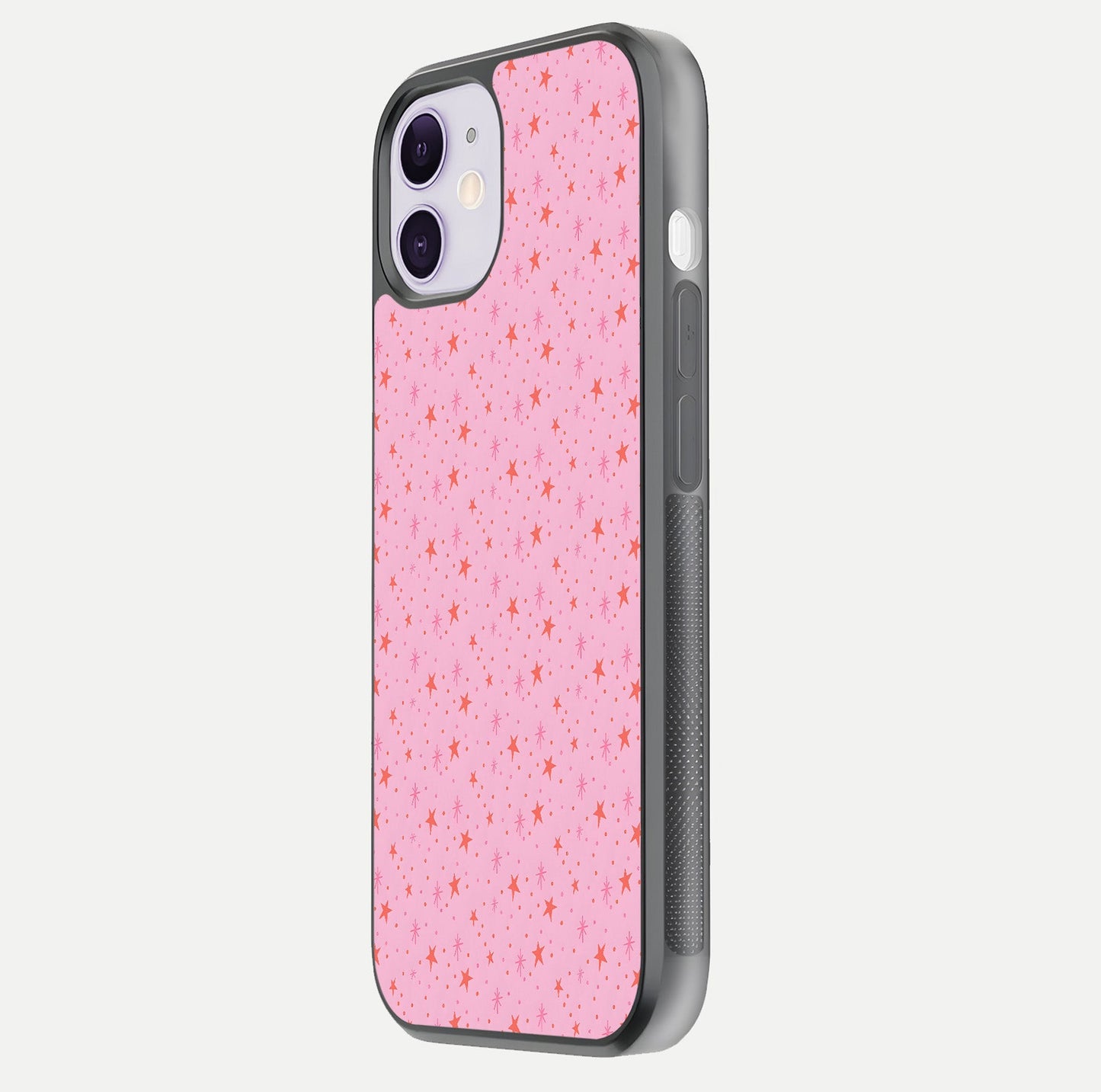 Cosmic Pink Sparkle iPhone 11 glass phone case side profile view focusing on sleek edges and seamless wrap