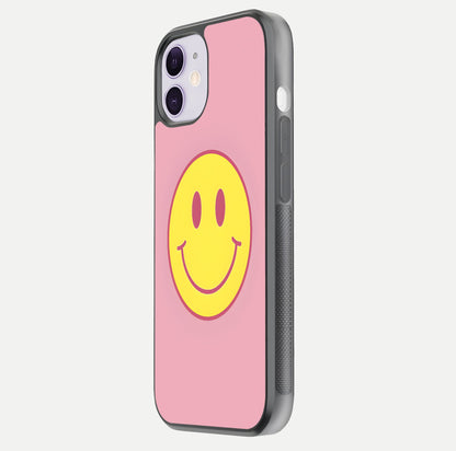 Happy Pink Mood iPhone 11 glass phone case side profile view focusing on smooth frame and clean wrap