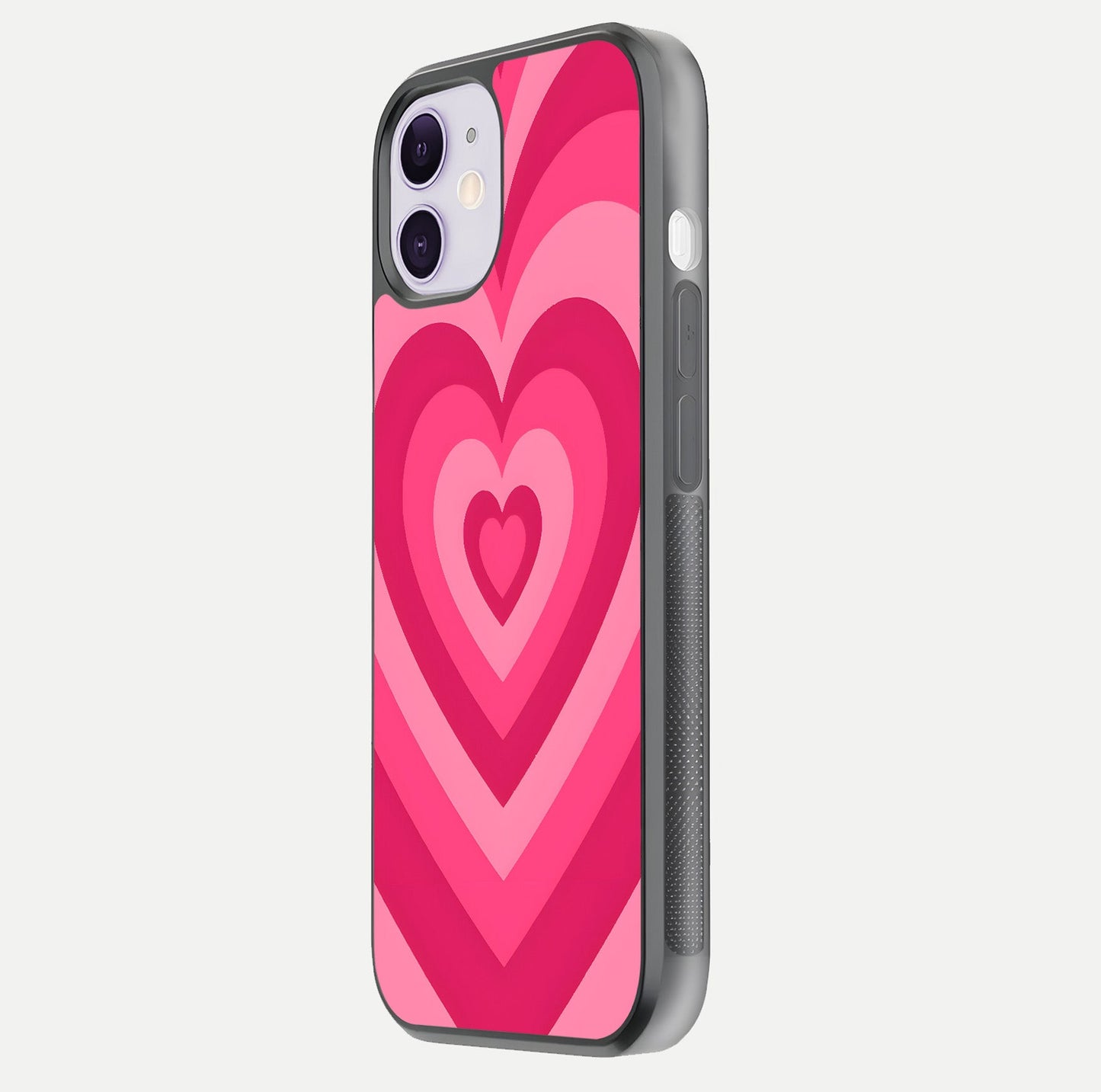 Layered Love Hearts iPhone 11 glass phone case side profile view focusing on sleek edges and seamless wrap