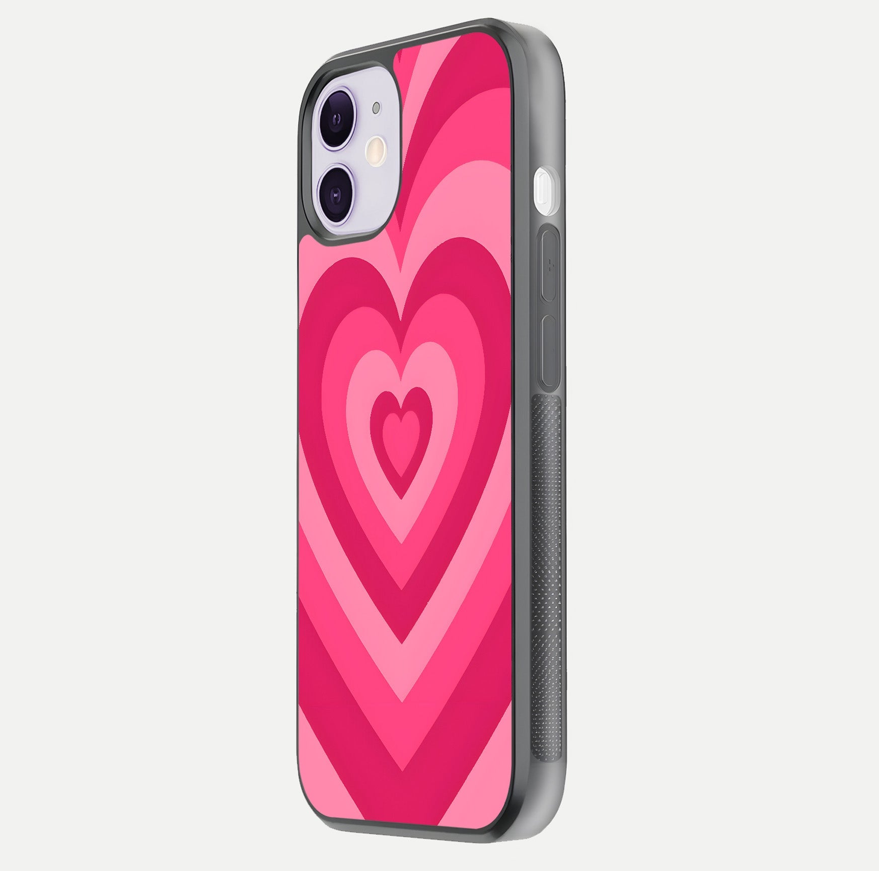 Layered Love Hearts iPhone 11 glass phone case side profile view focusing on sleek edges and seamless wrap