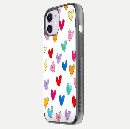 Playful Love Doodles iPhone 11 glass phone case side profile view focusing on smooth frame and seamless wrap
