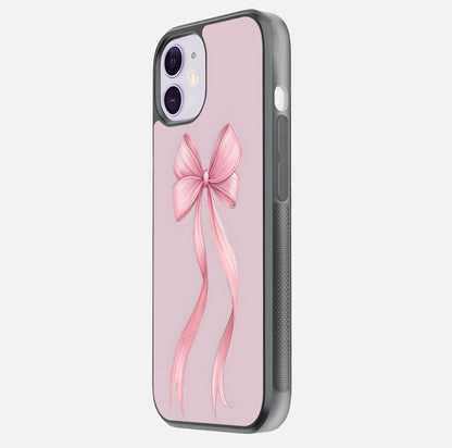 Soft Blush Bow iPhone 11 glass phone case side profile view focusing on sleek edges and seamless wrap