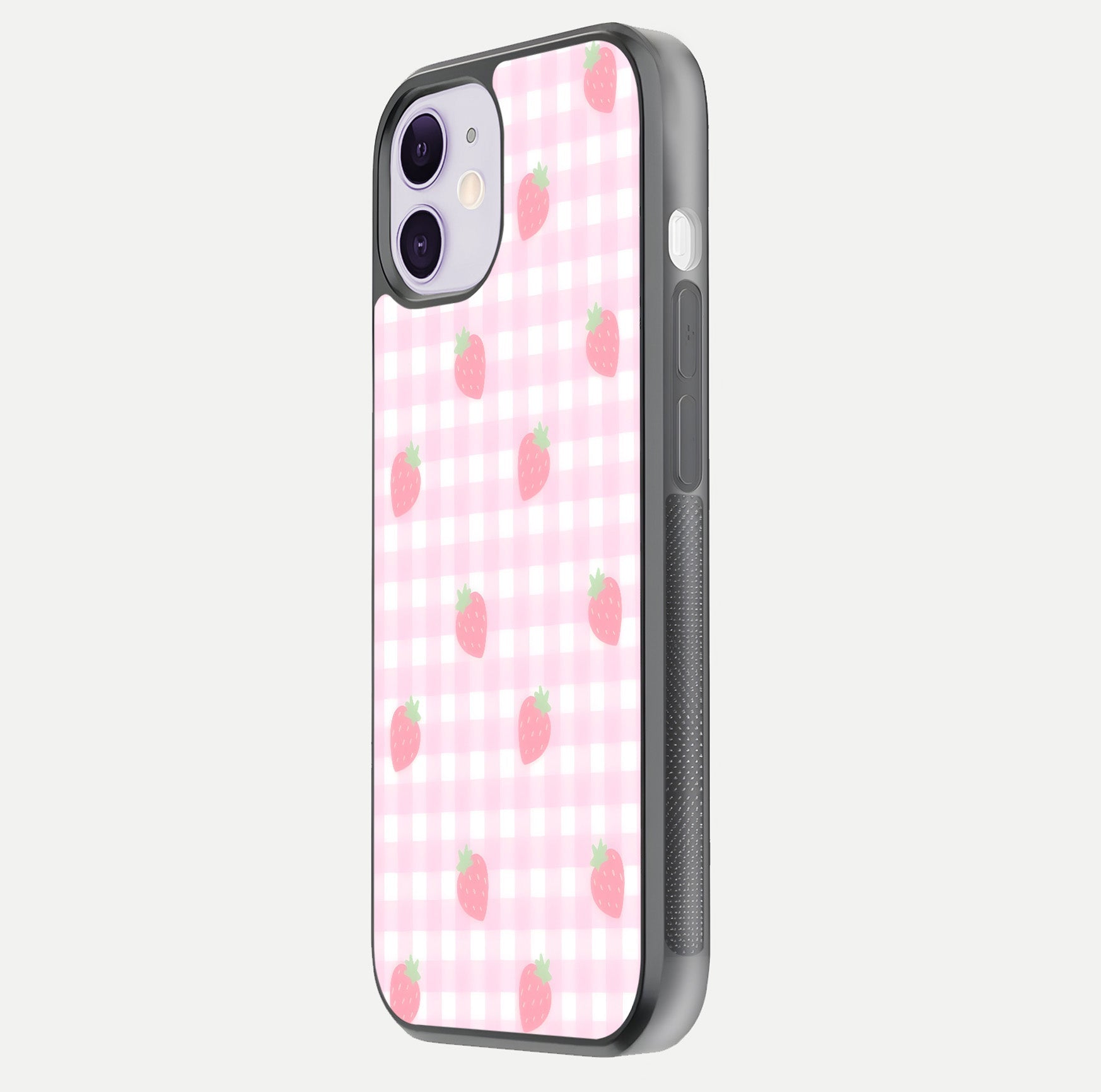 Strawberry Picnic Love iPhone 11 glass phone case side profile view focusing on smooth frame and seamless wrap