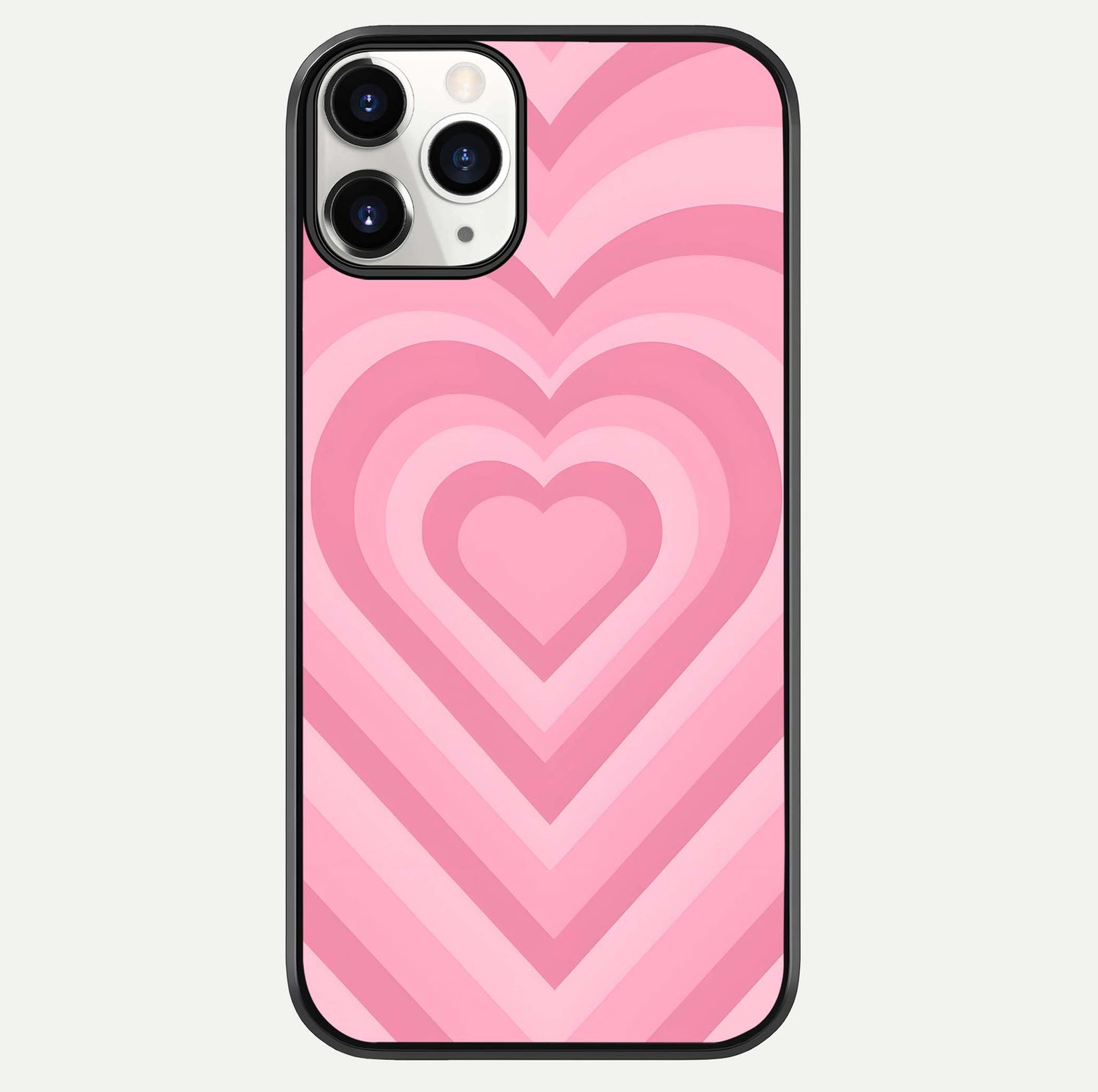 Blush Heart Waves iPhone 11 Pro glass phone case front view showcasing flowing heart wave patterns in soft blush tones