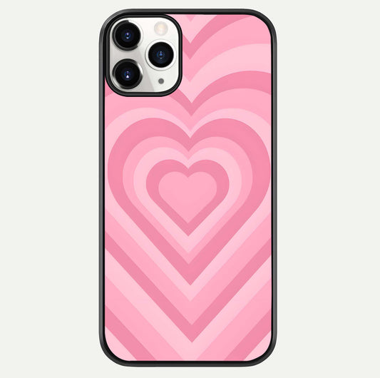 Blush Heart Waves iPhone 11 Pro glass phone case front view showcasing flowing heart wave patterns in soft blush tones