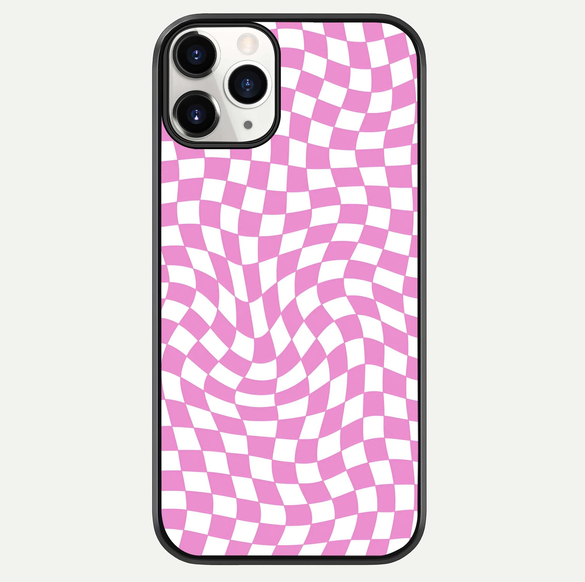Bubblegum Check Wave iPhone 11 Pro glass phone case front view showcasing playful bubblegum check wave pattern with glossy finish
