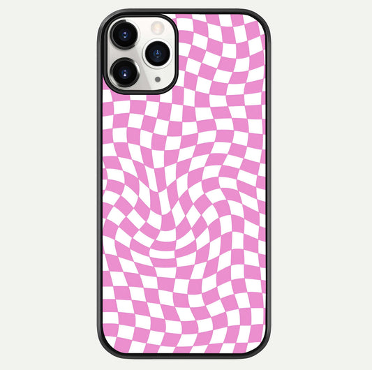 Bubblegum Check Wave iPhone 11 Pro glass phone case front view showcasing playful bubblegum check wave pattern with glossy finish