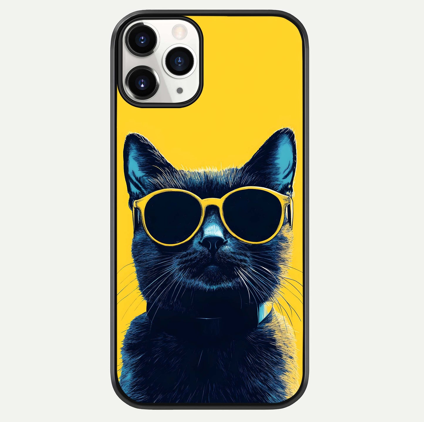 Cool Cat Vibes iPhone 11 Pro glass phone case front view featuring playful cat illustration with cool aesthetic tones