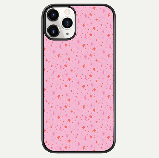 Cosmic Pink Sparkle iPhone 11 Pro glass phone case front view showcasing shimmering pink cosmic artwork with glossy finish