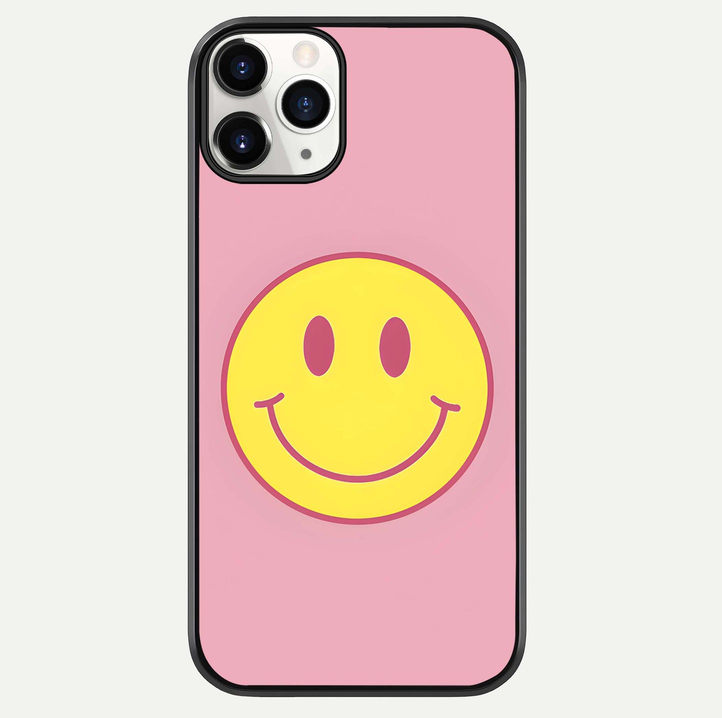 Happy Pink Mood iPhone 11 Pro glass phone case front view featuring cheerful pink tones and playful aesthetic design