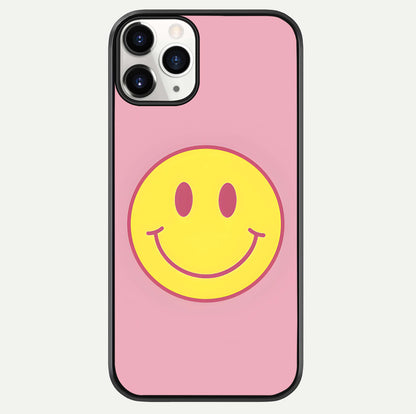 Happy Pink Mood iPhone 11 Pro glass phone case front view featuring cheerful pink tones and playful aesthetic design