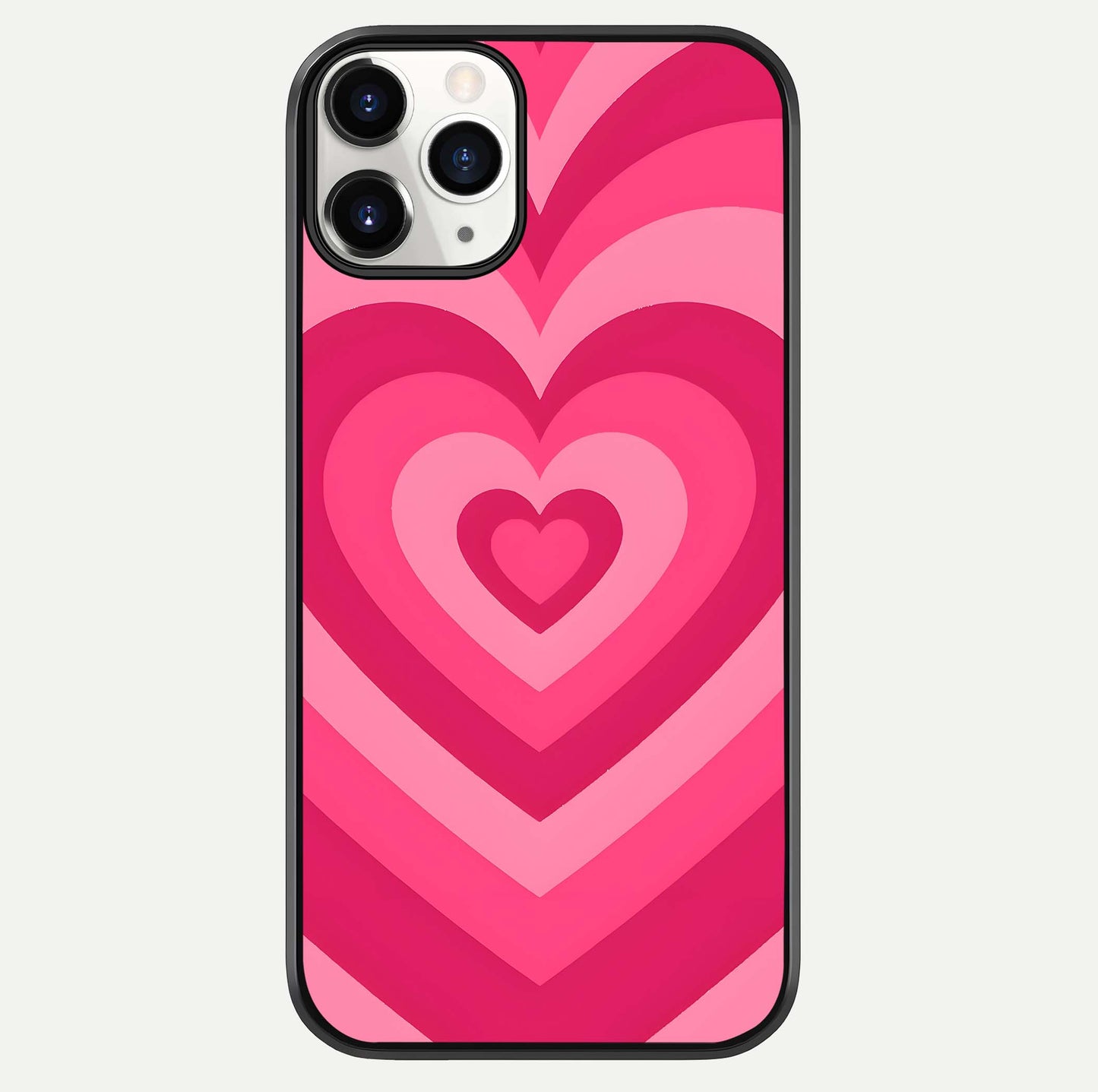 Layered Love Hearts iPhone 11 Pro glass phone case front view showcasing layered heart patterns with romantic aesthetic