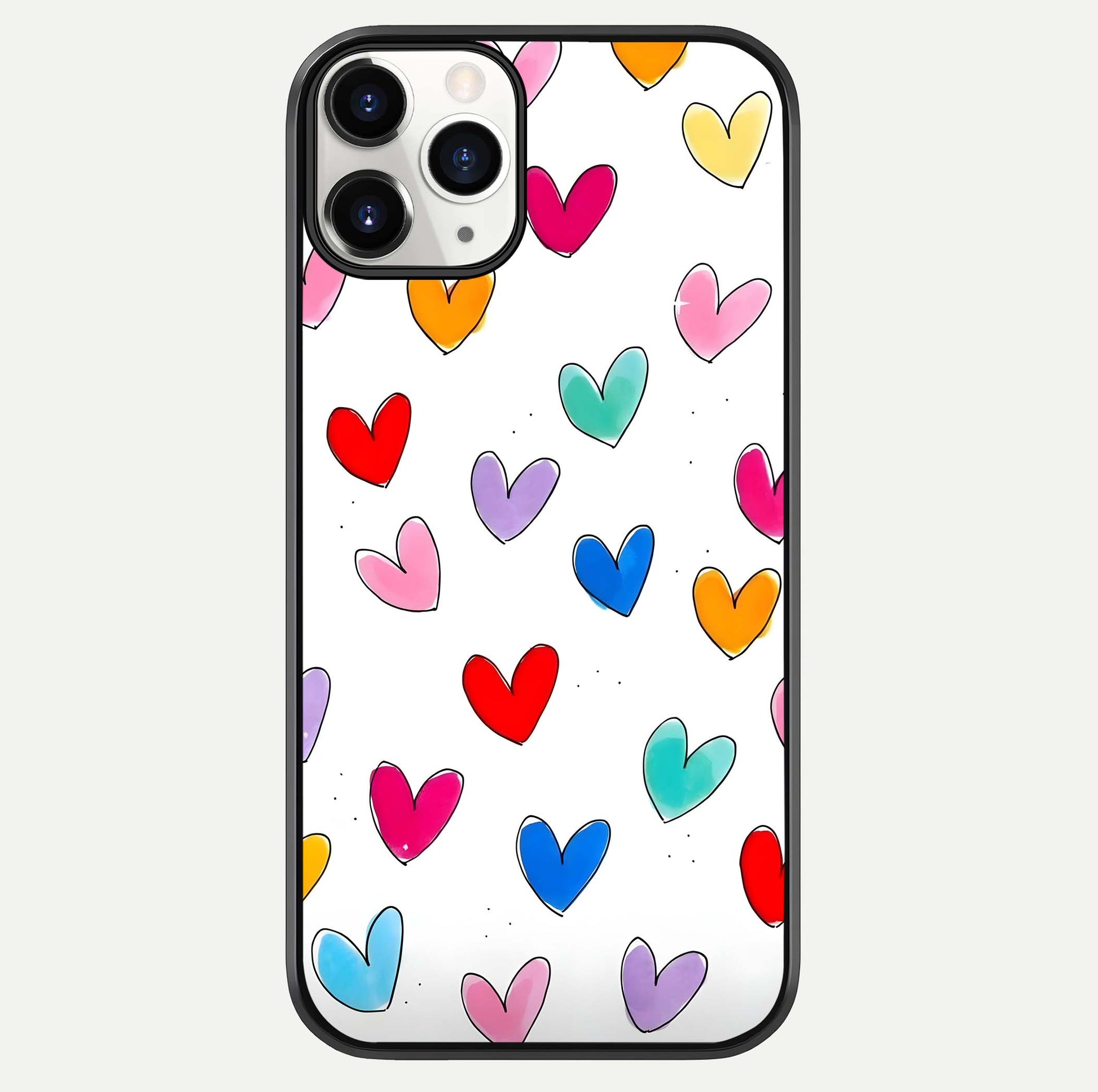 Playful Love Doodles iPhone 11 Pro glass phone case front view featuring cute love doodle illustrations with fun vibe