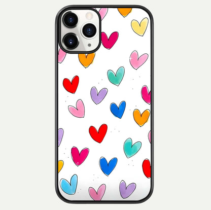 Playful Love Doodles iPhone 11 Pro glass phone case front view featuring cute love doodle illustrations with fun vibe